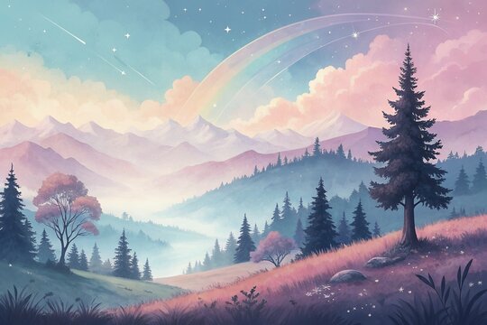 Dreamy pastel mountain landscape with evergreen trees and soft clouds - Powered by Adobe