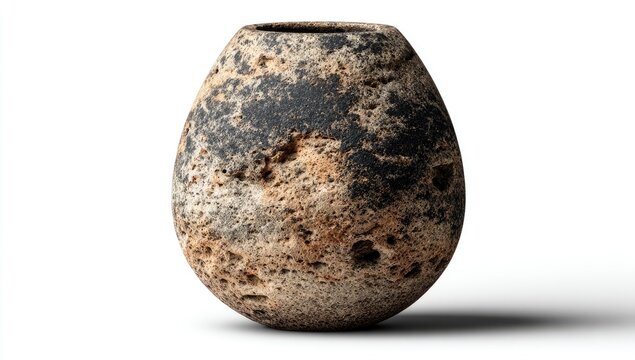 Earthenware vase, ovular shape, mottled dark and light brown tones, textured surface