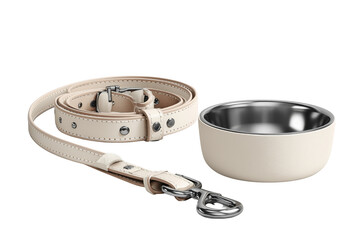 Cream leather dog leash and stainless steel bowl pet accessories isolated on a transparent background