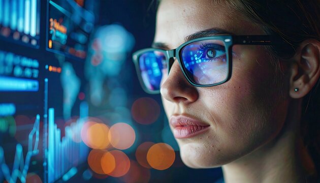 Woman focused on glowing data displays