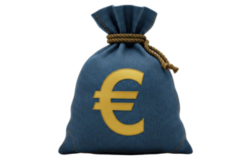 Isolated blue money bag with euro sign tied with rope for savings and treasure concept