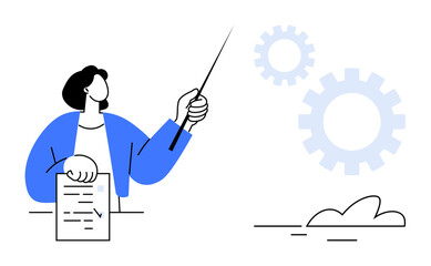 Businessperson holding document and pointing to gears, representing teamwork, strategy, and innovation. Ideal for business process, collaboration, leadership, education, problem-solving planning