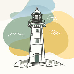 Stunning lighthouse illustration with minimalist design, guiding light for travel, adventure, and coastal themes, evoking feelings of freedom and exploration
