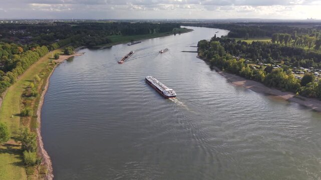 River of Rhein as a fly over with a drone from top during autumn season