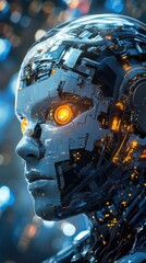 Fototapeta premium Futuristic android head showing complex internal circuitry