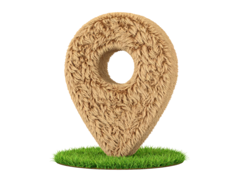 Plush location pin soft fluffy map marker decorative navigation symbol travel pointer isolated on white background