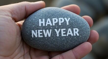 A hand holding a smooth gray stone with the words happy new year written in white capital letters on it