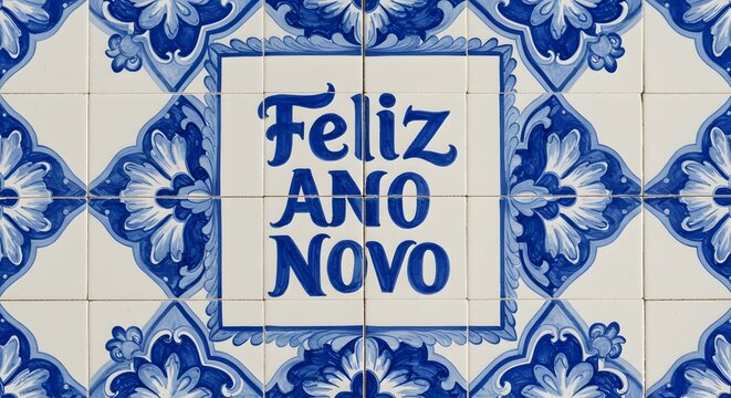 Close up of portuguese tiles with blue floral patterns and feliz ano novo message in the center