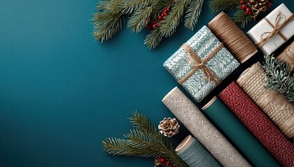 Christmas gift wrapping supplies on teal background