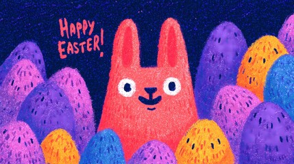 Cute orange bunny with Happy Easter text and eggs on a colorful holiday background