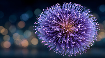 Bright violet firework exploding in the night sky, glowing sparks and bokeh effects, festive celebration, dynamic and colorful display.