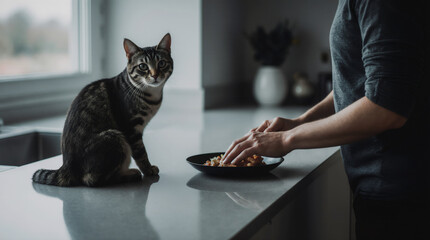 Cat watches owner prepare food in a cozy kitchen with natural light during morning hours