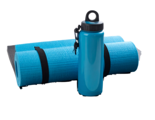 Blue Hydration Bottle with Flip Lid Lying on Gym Mat, Angled Side View PNG