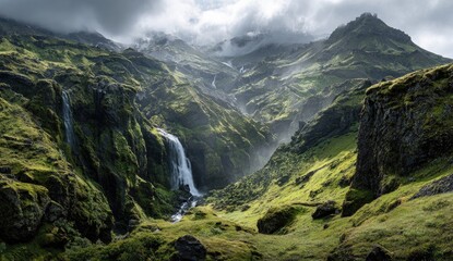 Lush mountain valley with cascading waterfalls (2)