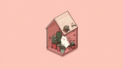 Cute Cat Inside a Miniature House Filled With Plants Against a Pastel Pink Background During Daylight
