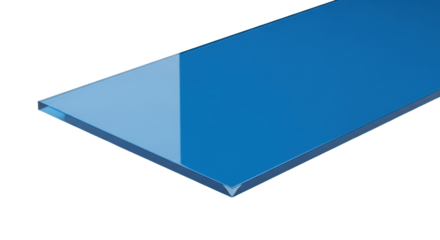 A vibrant cerulean blue, high-gloss polymer sheet with razor-sharp edges, casting a crisp shadow on a transparent background with copy space, concept of technological precision and design