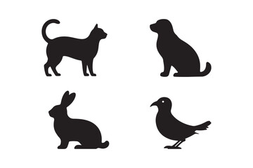 Silhouettes of a cat dog rabbit and bird on a white background