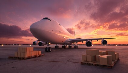 Cargo plane on tarmac at sunset