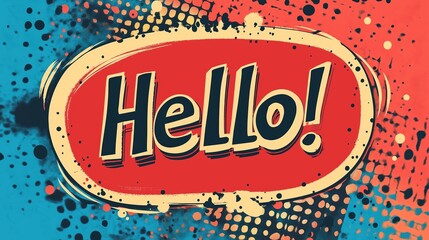 Hello speech bubble red comic background. Retro comic style halftone speech bubble with Hello text on a red pop art background.