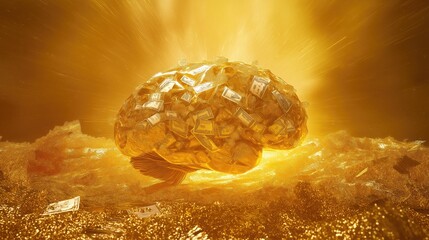Golden brain with money. Abstract image of a golden brain with money bills on a shiny golden background.