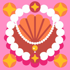 Elegant geometric design featuring a shell and pearl necklace, vibrant colors, and a touch of sparkle, perfect for fashion and beauty content creators