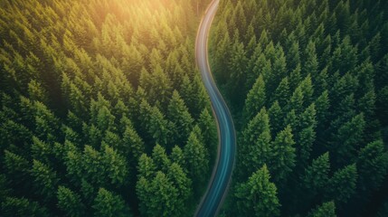 Aerial view of an asphalt road winding through a dense forest, illuminated by warm sunset light. Concept of travel, nature, adventure, and peaceful landscapes.