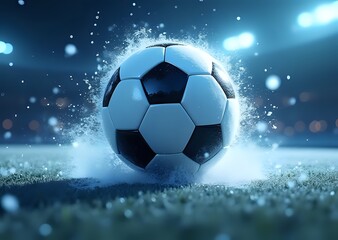 Soccer Ball in Flight Amidst Water Splash