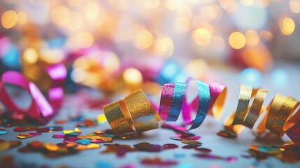 Close-up of colorful confetti and ribbons scattered on the floor. Festive and celebratory atmosphere.