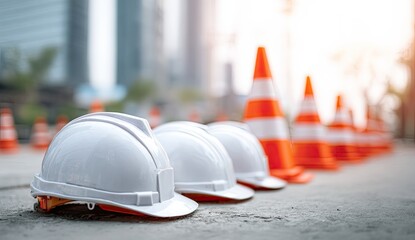 White safety helmets and orange traffic cones on a construction site