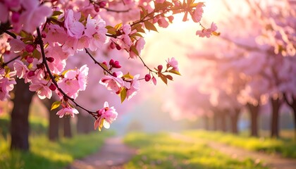 Pink blossoms fill a sunlit path