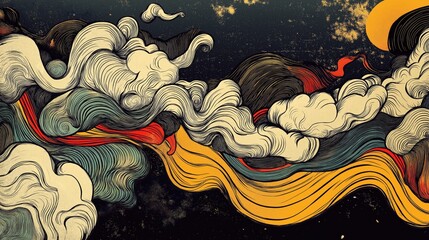 Hand-drawn abstract vintage style artwork with swirling clouds and flowing colored lines.
