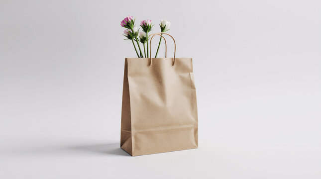 Brown paper bag with flowers displayed creatively on a neutral background