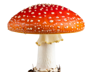 Bright Red Poisonous Agaric Mushroom with White Spots, Front View, Isolated on Transparent Background