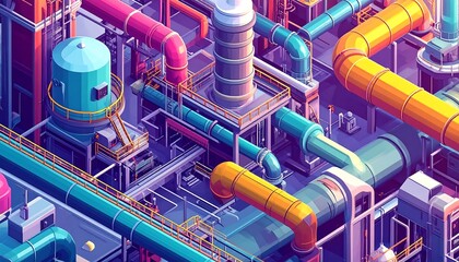 Colorful isometric view of an intricate industrial complex with vibrant pipes and machinery.