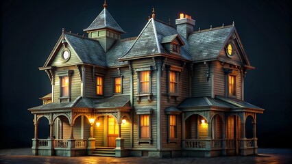 Obraz premium Ornate Victorian House with Warmly Lit Windows architecture.