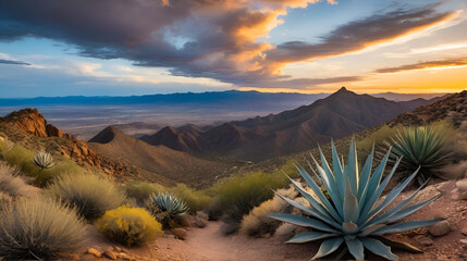 Desert mountain vista at sunset.  Two trails meet at a high point, overlooking a valley.  Dramatic clouds and warm light paint the sky.  Agave plants and scrubby vegetation surround the rocky terrain