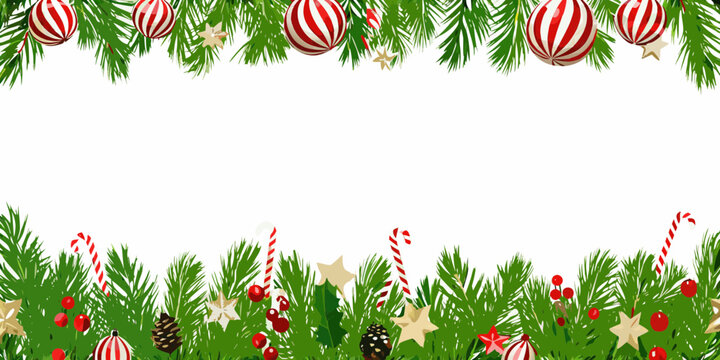Festive christmas garland border with pine branches ornaments candy canes and berries on white background