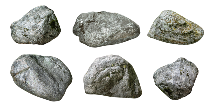 Set of six granite rocks with transparent background, perfect for photo editing