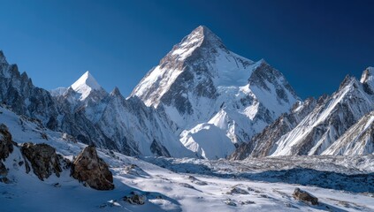 Fototapeta premium Majestic snow-capped mountain range under a vibrant blue sky
