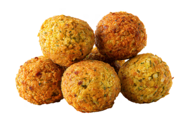 Golden brown fried falafel balls with visible herbs and spices isolated on a transparent background food
