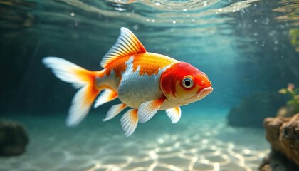Naklejka premium Golden goldfish swims in clear blue water. Underwater scene with sunlight on sandy bottom. Aquatic pet in serene, tranquil environment. Fine art photography captures graceful movement.