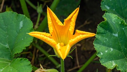 A vibrant, luminous orange-yellow flower blooms amidst lush green leaves in a garden setting.