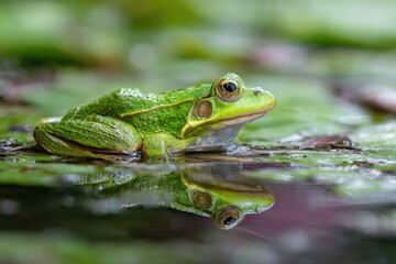 Close-up of a vibrant green frog