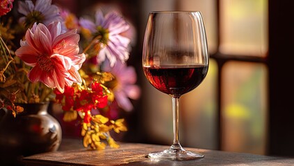 Wine glass with red wine, surrounded by flowers
