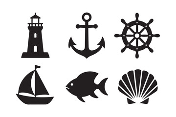 Fototapeta premium Nautical icons lighthouse anchor ship wheel sailboat fish and seashell