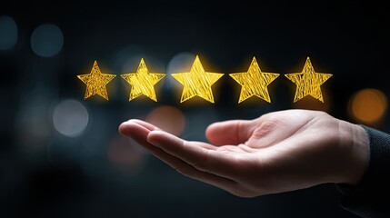 Hand holding five glowing gold stars