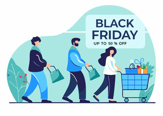 Black Friday Shopping Illustration Three People with Shopping Bags and Cart Up to 50 Percent Off Sale