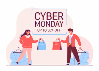 Cyber Monday Sale Illustration with Shoppers Holding Shopping Bags and Text Announcing Up to 50 Percent Off