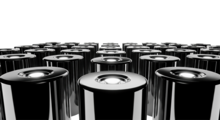 Array of identical, pristine advanced dark chrome power cells with faint luminescence, in a minimalist grid on a transparent background, ultra-detailed macro close-up. Concept of future energy