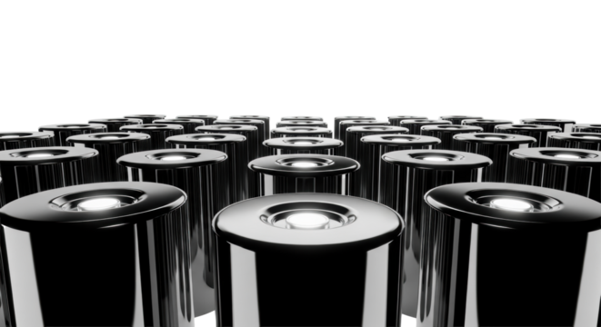 Array of identical, pristine advanced dark chrome power cells with faint luminescence, in a minimalist grid on a transparent background, ultra-detailed macro close-up. Concept of future energy